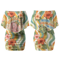 Hawaii Aloha Academy Back To School Couples Matching Off Shoulder Short Dress and Long Sleeve Button Shirt Sea Turtle Tropical Hibiscus Flowers Retro Psychedelic