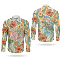 Hawaii Aloha Academy Back To School Couples Matching Short Sleeve Bodycon Dress and Long Sleeve Button Shirt Sea Turtle Tropical Hibiscus Flowers Retro Psychedelic