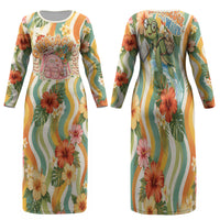 Hawaii Aloha Academy Back To School Family Matching Long Sleeve Bodycon Dress and Hawaiian Shirt Sea Turtle Tropical Hibiscus Flowers Retro Psychedelic