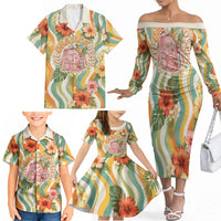 Hawaii Aloha Academy Back To School Family Matching Off The Shoulder Long Sleeve Dress and Hawaiian Shirt Sea Turtle Tropical Hibiscus Flowers Retro Psychedelic