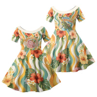 Hawaii Aloha Academy Back To School Family Matching Off The Shoulder Long Sleeve Dress and Hawaiian Shirt Sea Turtle Tropical Hibiscus Flowers Retro Psychedelic