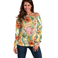 Hawaii Aloha Academy Back To School Off Shoulder Sweater Sea Turtle Tropical Hibiscus Flowers Retro Psychedelic