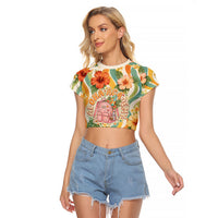 Hawaii Aloha Academy Back To School Raglan Cropped T Shirt Sea Turtle Tropical Hibiscus Flowers Retro Psychedelic