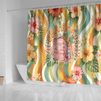 Hawaii Aloha Academy Back To School Shower Curtain Sea Turtle Tropical Hibiscus Flowers Retro Psychedelic