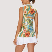 Hawaii Aloha Academy Back To School Women Sleeveless Polo Shirt Sea Turtle Tropical Hibiscus Flowers Retro Psychedelic