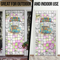Hawaii Cruising Back To School Door Cover Grid Pattern With School Bag And Vintage Surf Van
