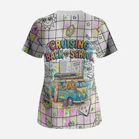 Hawaii Cruising Back To School Scrub Top Grid Pattern With School Bag And Vintage Surf Van