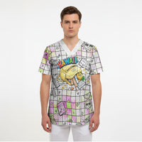 Hawaii Cruising Back To School Scrub Top Grid Pattern With School Bag And Vintage Surf Van