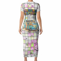 Hawaii Cruising Back To School Short Sleeve Bodycon Dress Grid Pattern With School Bag And Vintage Surf Van