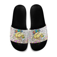 Hawaii Cruising Back To School Slide Sandals Grid Pattern With School Bag And Vintage Surf Van