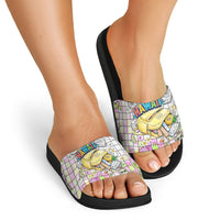 Hawaii Cruising Back To School Slide Sandals Grid Pattern With School Bag And Vintage Surf Van