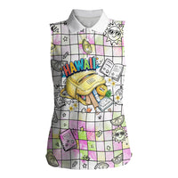 Hawaii Cruising Back To School Women Sleeveless Polo Shirt Grid Pattern With School Bag And Vintage Surf Van