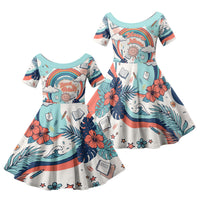 Personalized Hawaii Back To School Family Matching Long Sleeve Bodycon Dress and Hawaiian Shirt Retro Rainbow Sun with Tropical Hibiscus Flowers TS04 Daughter's Dress White Blue - Polynesian Pride