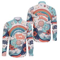 Personalized Hawaii Back To School Family Matching Short Sleeve Bodycon Dress and Hawaiian Shirt Retro Rainbow Sun with Tropical Hibiscus Flowers TS04 Dad's Shirt - Long Sleeve White Blue - Polynesian Pride