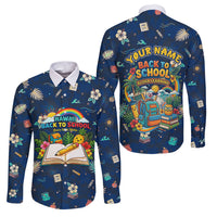 Personalized Hawaii Back To School Aloha Learning Family Matching Off Shoulder Short Dress and Hawaiian Shirt Retro Rainbow open Notebook with Pineapple and Hibiscus Flowers TS04 Dad's Shirt - Long Sleeve Blue - Polynesian Pride