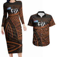 Straight Outta Kadavu Fiji Couples Matching Long Sleeve Bodycon Dress and Hawaiian Shirt Tribal Polynesian Tattoo Coat Of Arms Flag