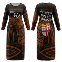 Straight Outta Kadavu Fiji Couples Matching Long Sleeve Bodycon Dress and Hawaiian Shirt Tribal Polynesian Tattoo Coat Of Arms Flag