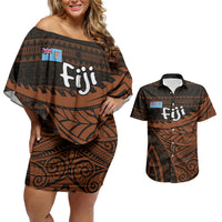Straight Outta Kadavu Fiji Couples Matching Off Shoulder Short Dress and Hawaiian Shirt Tribal Polynesian Tattoo Coat Of Arms Flag