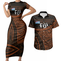 Straight Outta Kadavu Fiji Couples Matching Short Sleeve Bodycon Dress and Hawaiian Shirt Tribal Polynesian Tattoo Coat Of Arms Flag