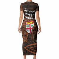 Straight Outta Kadavu Fiji Short Sleeve Bodycon Dress Tribal Polynesian Tattoo Coat Of Arms Flag