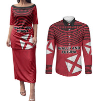 Wallis And Futuna Couples Matching Puletasi and Long Sleeve Button Shirt Polynesian Tattoo Flag Map