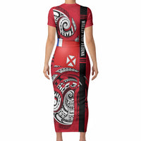 Wallis And Futuna Short Sleeve Bodycon Dress Tribal Polynesian Tattoo Flag Motif