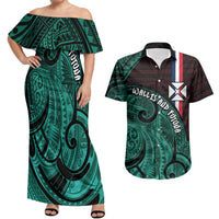 Wallis And Futuna Couples Matching Off Shoulder Maxi Dress and Hawaiian Shirt Tribal Polynesian Tattoo Heritage Cross Flag