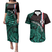 Wallis And Futuna Couples Matching Puletasi and Hawaiian Shirt Tribal Polynesian Tattoo Heritage Cross Flag