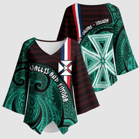 Wallis And Futuna Kimono Sleeve Blouse Tribal Polynesian Tattoo Heritage Cross Flag