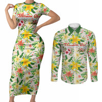 Hawaiian Piko Threads Of Paradise Aloha Couples Matching Short Sleeve Bodycon Dress and Long Sleeve Button Shirt Tropical Hibiscus Plumeria TS04 White Green - Polynesian Pride