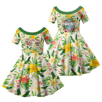Hawaiian Piko Threads Of Paradise Aloha Family Matching Off Shoulder Short Dress and Hawaiian Shirt Tropical Hibiscus Plumeria TS04 Daughter's Dress White Green - Polynesian Pride
