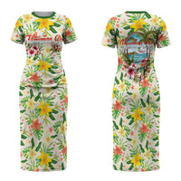 Hawaiian Piko Threads Of Paradise Aloha Family Matching Short Sleeve Bodycon Dress and Hawaiian Shirt Tropical Hibiscus Plumeria TS04 Mom's Dress White Green - Polynesian Pride