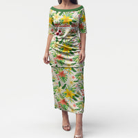 Hawaiian Piko Threads Of Paradise Aloha Puletasi Tropical Hibiscus Plumeria TS04 Long Dress White Green - Polynesian Pride