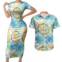 Hawaiian Piko Cultural Pride Aloha Couples Matching Short Sleeve Bodycon Dress and Hawaiian Shirt Watercolor Spiral Art - Tropical Plumeria Lei Garland TS04 White Blue - Polynesian Pride