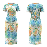 Hawaiian Piko Cultural Pride Aloha Couples Matching Short Sleeve Bodycon Dress and Hawaiian Shirt Watercolor Spiral Art - Tropical Plumeria Lei Garland TS04 - Polynesian Pride