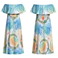 Hawaiian Piko Cultural Pride Aloha Family Matching Off Shoulder Maxi Dress and Hawaiian Shirt Watercolor Spiral Art - Tropical Plumeria Lei Garland TS04 Mom's Dress White Blue - Polynesian Pride