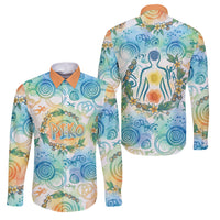Hawaiian Piko Cultural Pride Aloha Family Matching Off Shoulder Maxi Dress and Hawaiian Shirt Watercolor Spiral Art - Tropical Plumeria Lei Garland TS04 Dad's Shirt - Long Sleeve White Blue - Polynesian Pride