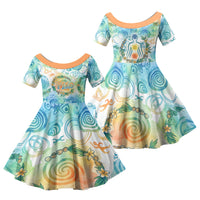 Hawaiian Piko Cultural Pride Aloha Family Matching Off Shoulder Maxi Dress and Hawaiian Shirt Watercolor Spiral Art - Tropical Plumeria Lei Garland TS04 Daughter's Dress White Blue - Polynesian Pride