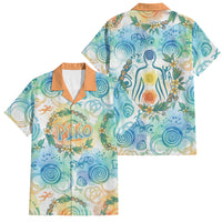 Hawaiian Piko Cultural Pride Aloha Family Matching Off Shoulder Short Dress and Hawaiian Shirt Watercolor Spiral Art - Tropical Plumeria Lei Garland TS04 Dad's Shirt - Short Sleeve White Blue - Polynesian Pride