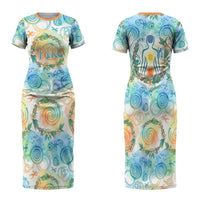 Hawaiian Piko Cultural Pride Aloha Family Matching Short Sleeve Bodycon Dress and Hawaiian Shirt Watercolor Spiral Art - Tropical Plumeria Lei Garland TS04 Mom's Dress White Blue - Polynesian Pride