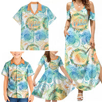 Hawaiian Piko Cultural Pride Aloha Family Matching Summer Maxi Dress and Hawaiian Shirt Watercolor Spiral Art - Tropical Plumeria Lei Garland