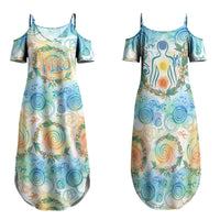 Hawaiian Piko Cultural Pride Aloha Family Matching Summer Maxi Dress and Hawaiian Shirt Watercolor Spiral Art - Tropical Plumeria Lei Garland TS04 Mom's Dress White Blue - Polynesian Pride