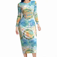 Hawaiian Piko Cultural Pride Aloha Long Sleeve Bodycon Dress Watercolor Spiral Art - Tropical Plumeria Lei Garland TS04 Long Dress White Blue - Polynesian Pride