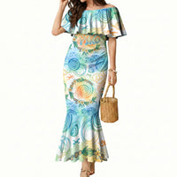Hawaiian Piko Cultural Pride Aloha Mermaid Dress Watercolor Spiral Art - Tropical Plumeria Lei Garland TS04 Women White Blue - Polynesian Pride