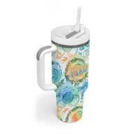 Hawaiian Piko Cultural Pride Aloha Tumbler With Handle Watercolor Spiral Art - Tropical Plumeria Lei Garland
