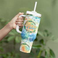 Hawaiian Piko Cultural Pride Aloha Tumbler With Handle Watercolor Spiral Art - Tropical Plumeria Lei Garland