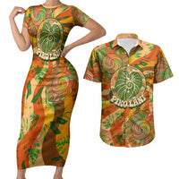 Hawaiian Piko Lani Cultivate I Ka Piko Aloha Couples Matching Short Sleeve Bodycon Dress and Hawaiian Shirt Retro Psychedelic Taro Leaf - Hibiscus Flowers TS04 Orange Green - Polynesian Pride