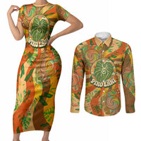 Hawaiian Piko Lani Cultivate I Ka Piko Aloha Couples Matching Short Sleeve Bodycon Dress and Long Sleeve Button Shirt Retro Psychedelic Taro Leaf - Hibiscus Flowers TS04 Orange Green - Polynesian Pride