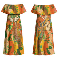 Hawaiian Piko Lani Cultivate I Ka Piko Aloha Family Matching Off Shoulder Maxi Dress and Hawaiian Shirt Retro Psychedelic Taro Leaf - Hibiscus Flowers TS04 Mom's Dress Orange Green - Polynesian Pride