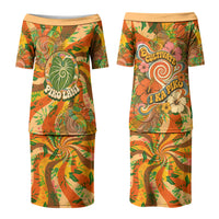 Hawaiian Piko Lani Cultivate I Ka Piko Aloha Family Matching Puletasi and Hawaiian Shirt Retro Psychedelic Taro Leaf - Hibiscus Flowers TS04 Mom's Dress Orange Green - Polynesian Pride